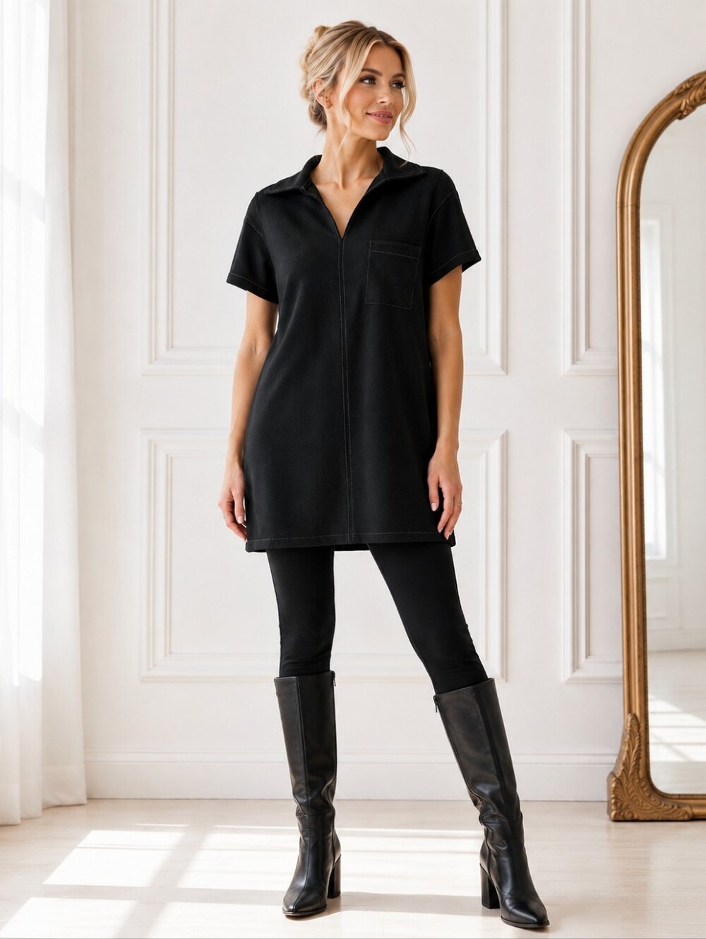 Max Studio London Black Tunic Mini Dress XS | Short Sleeve Collared Shift Dress - Picture 1 of 8
